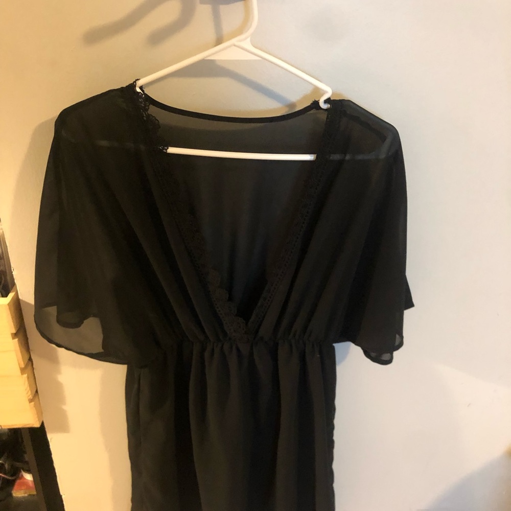 Deep V neckline black lace black mesh sinched a-line bottom